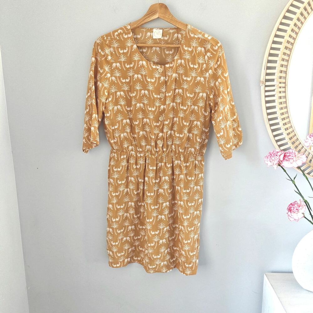 DES PETITS HAUTS TImotey Yellow Palm Bird Print 100 % Silk Dress, EUC, size 1